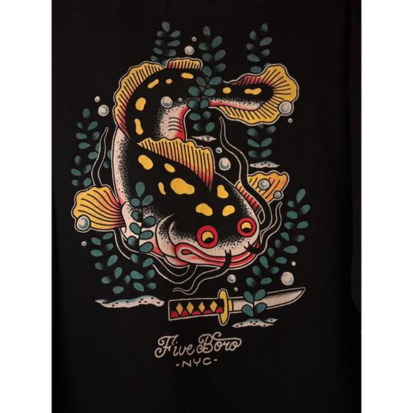 5BORO Black Long-sleeve T-Shirt Multi Color Fish Graphic Unisex XL - Picture 4 of 5